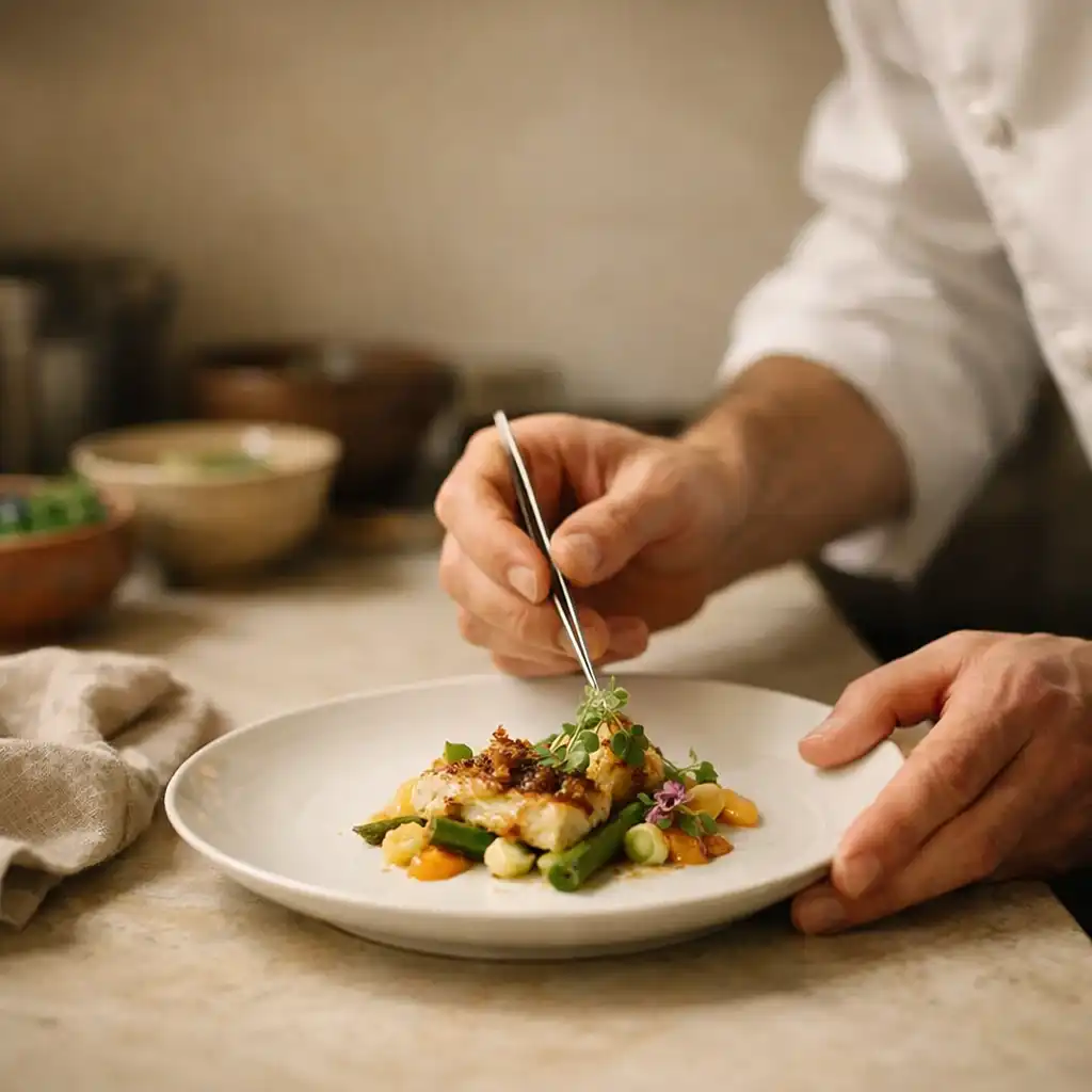 Mains préparant une assiette dans une cuisine lumineuse.