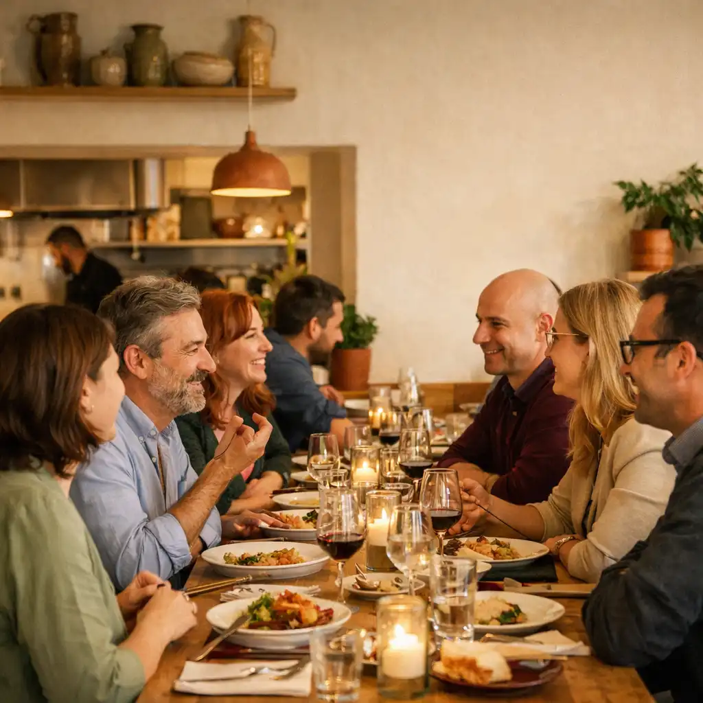 Grande tablée d’adultes en conversation dans un restaurant contemporain.