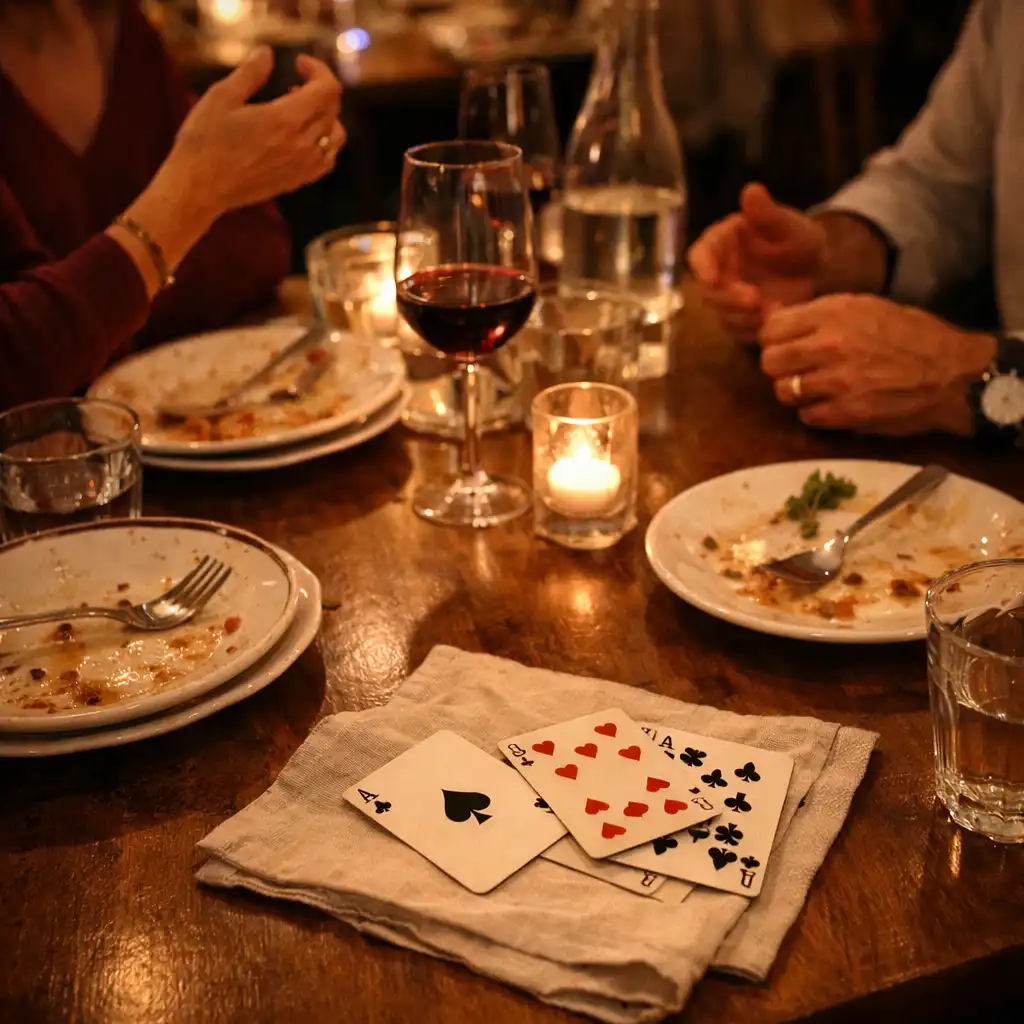 Table de soirée avec verres, assiettes et quelques cartes posées discrètement près des convives.