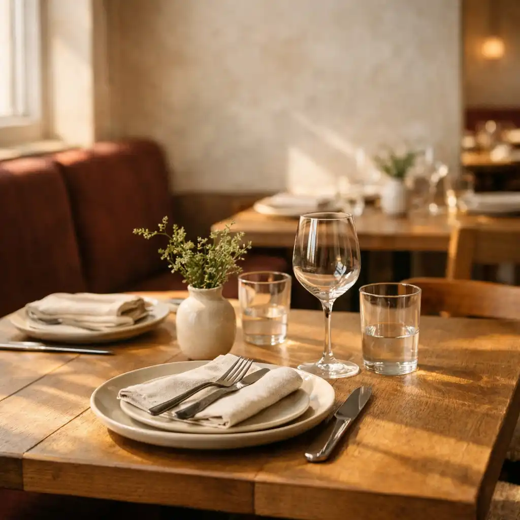 Table de restaurant contemporaine prête à accueillir des convives.