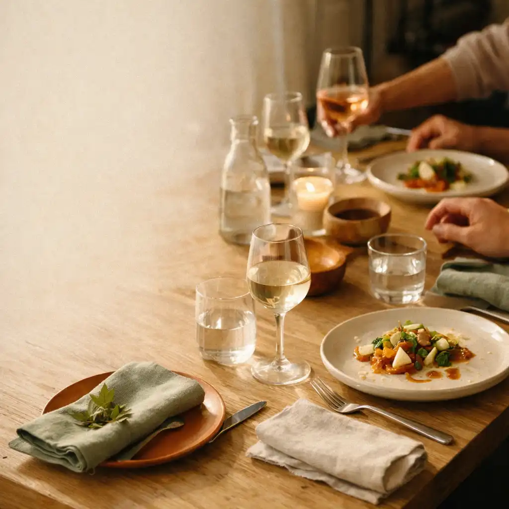 Table lumineuse préparée pour des convives, avec assiettes, verres et linge de table.