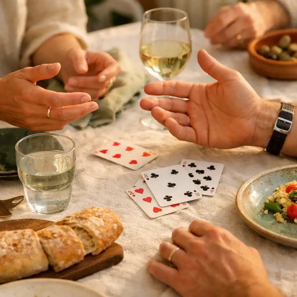 Mains de convives, assiettes en céramique et cartes sur une table