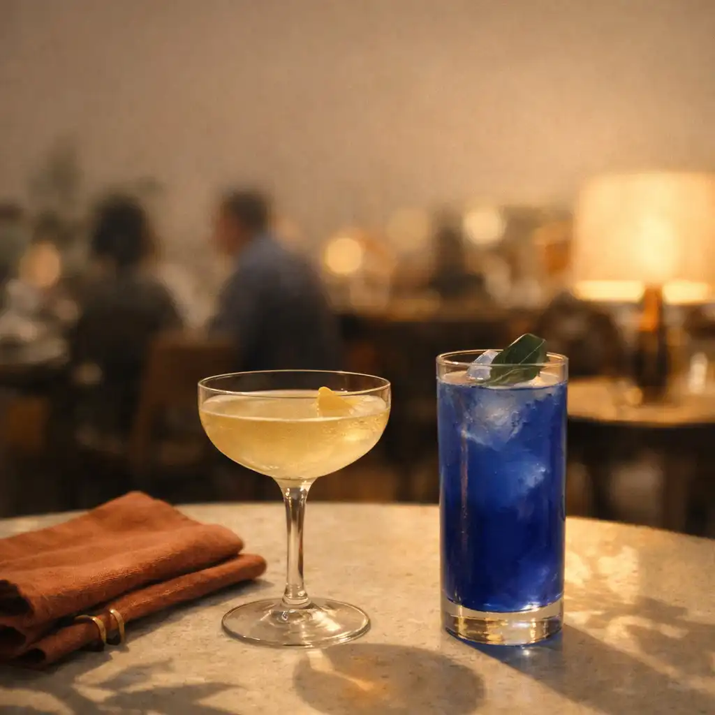 Deux cocktails sur une table en pierre claire dans une lumière de soirée chaude.