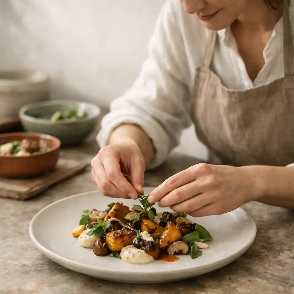 Assiettes en cours de service dans une cuisine française contemporaine
