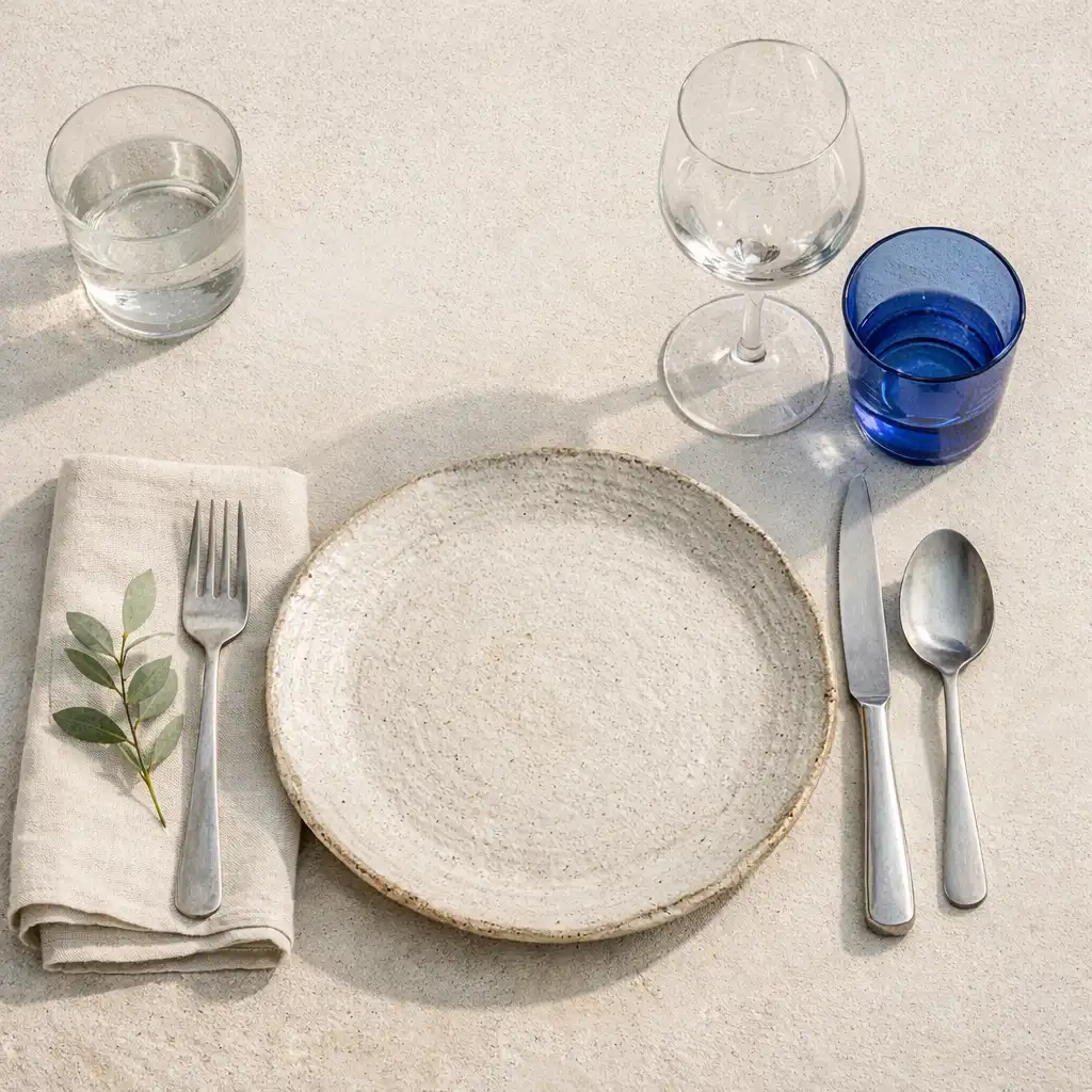 Détail de table avec verres et assiette