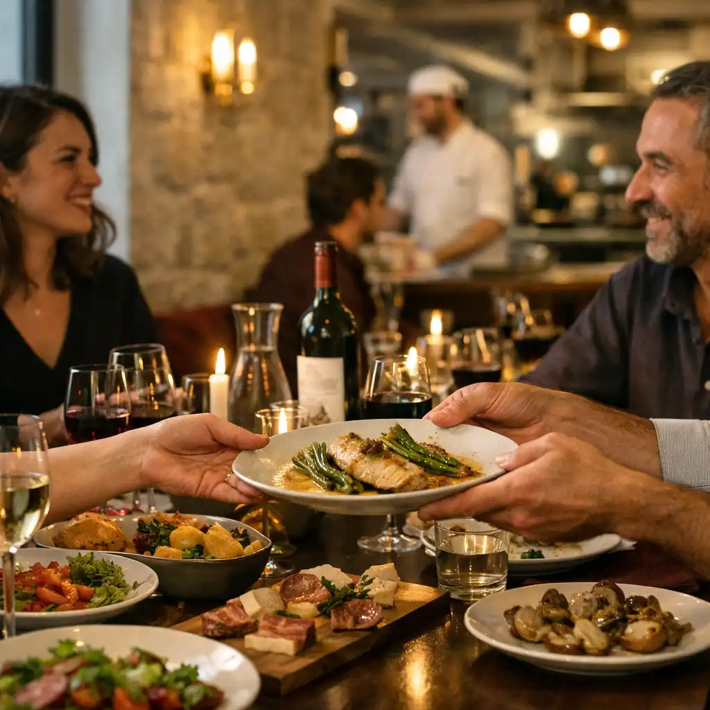 Table partagée en cours de dîner, avec plats, verres et gestes de convives
