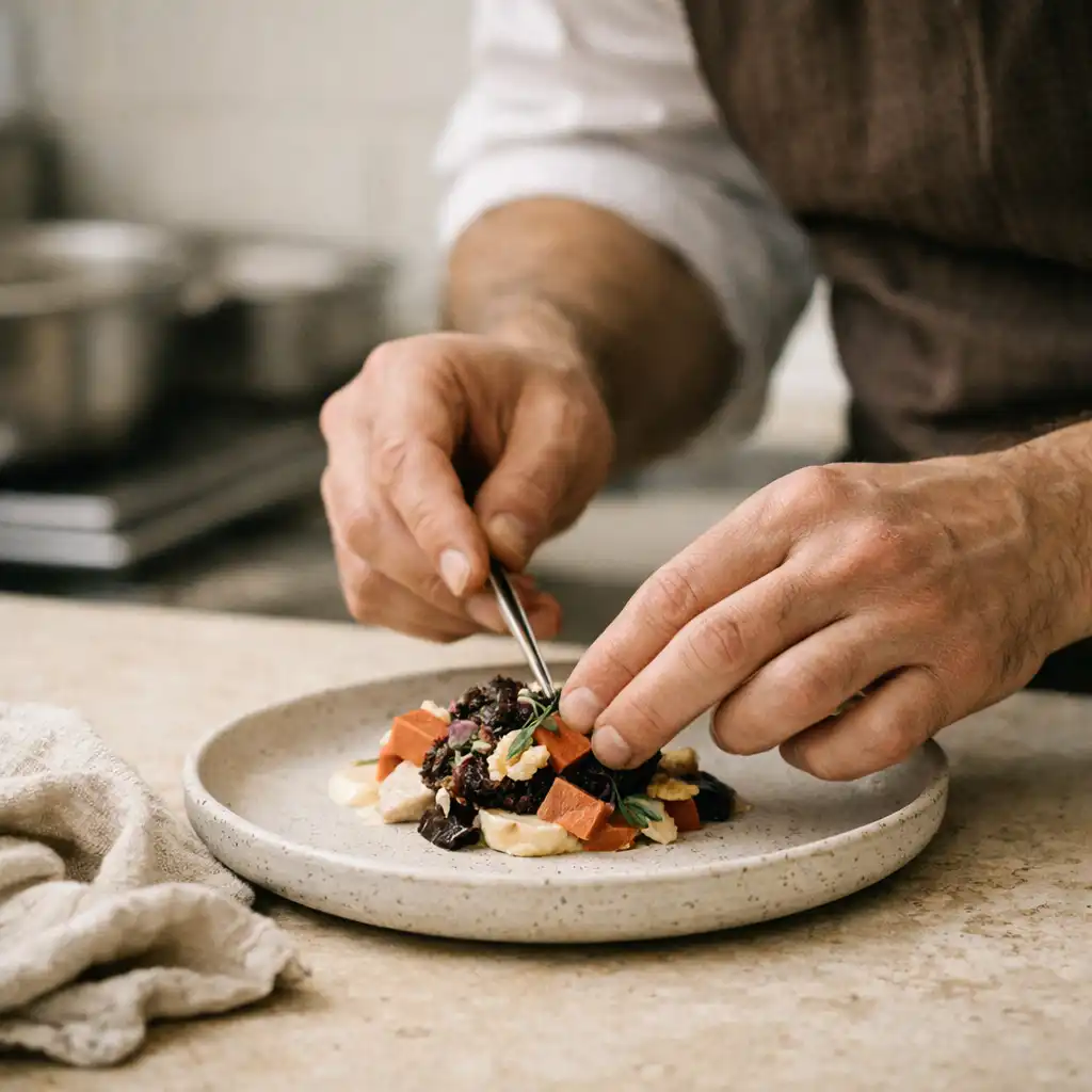 Gestes de dressage d'une assiette dans une cuisine lumineuse
