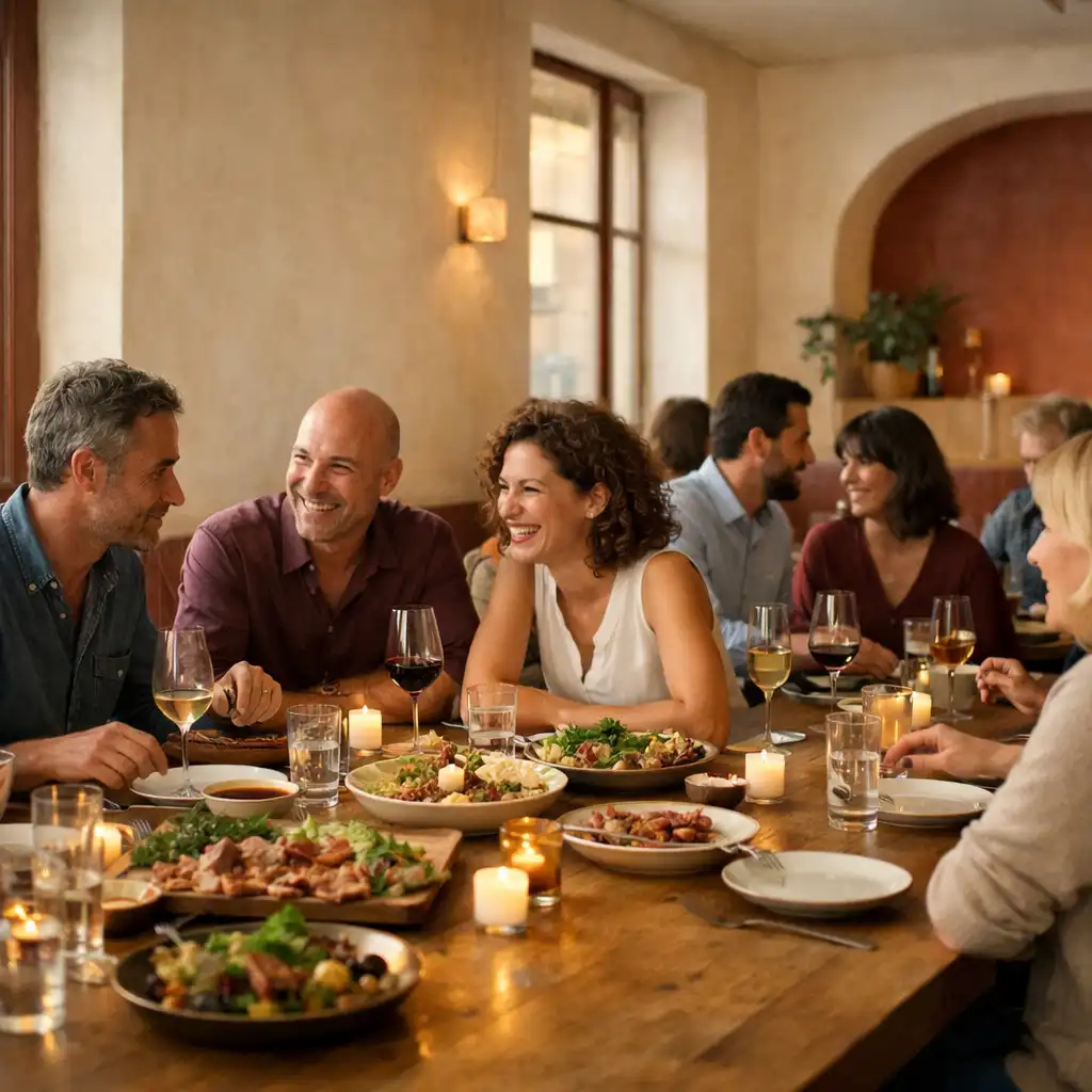 Grande table de restaurant avec invités adultes en conversation au début de la soirée.