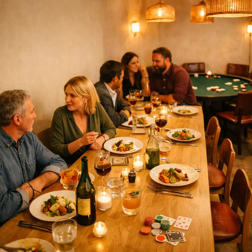 Convives réunis autour d’une table pendant le service du soir au Jardin Mistral