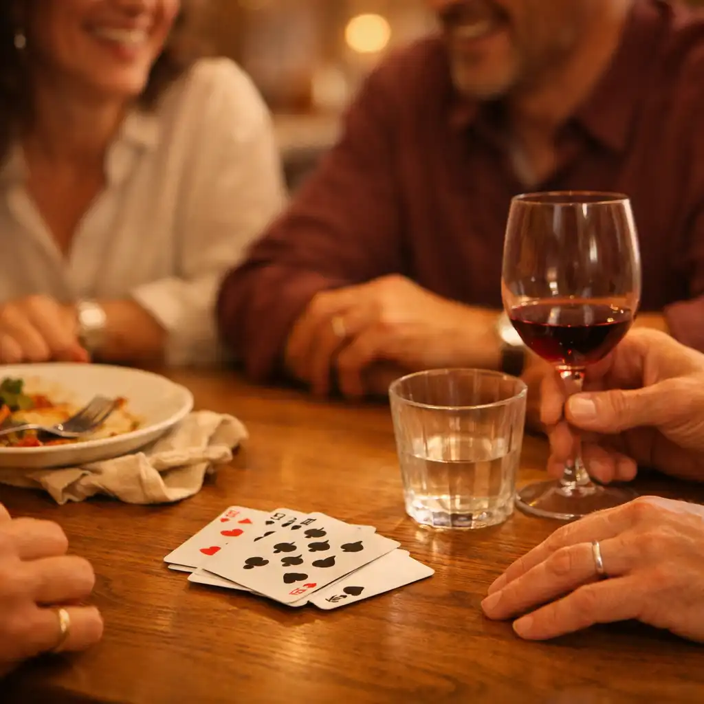 Mains de convives autour d’une table avec cartes discrètes, assiettes et conversation