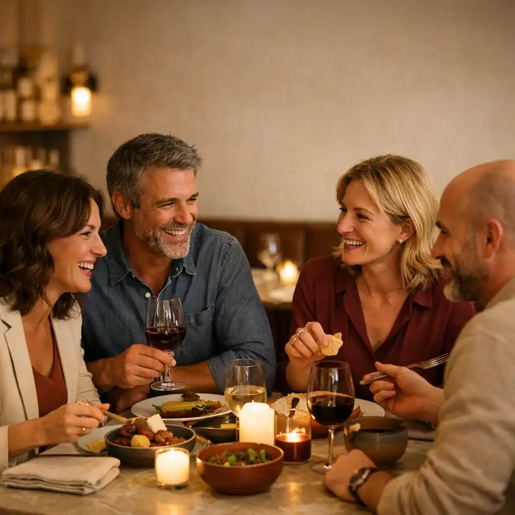Amis réunis pour un dîner autour d’une table du Jardin Mistral