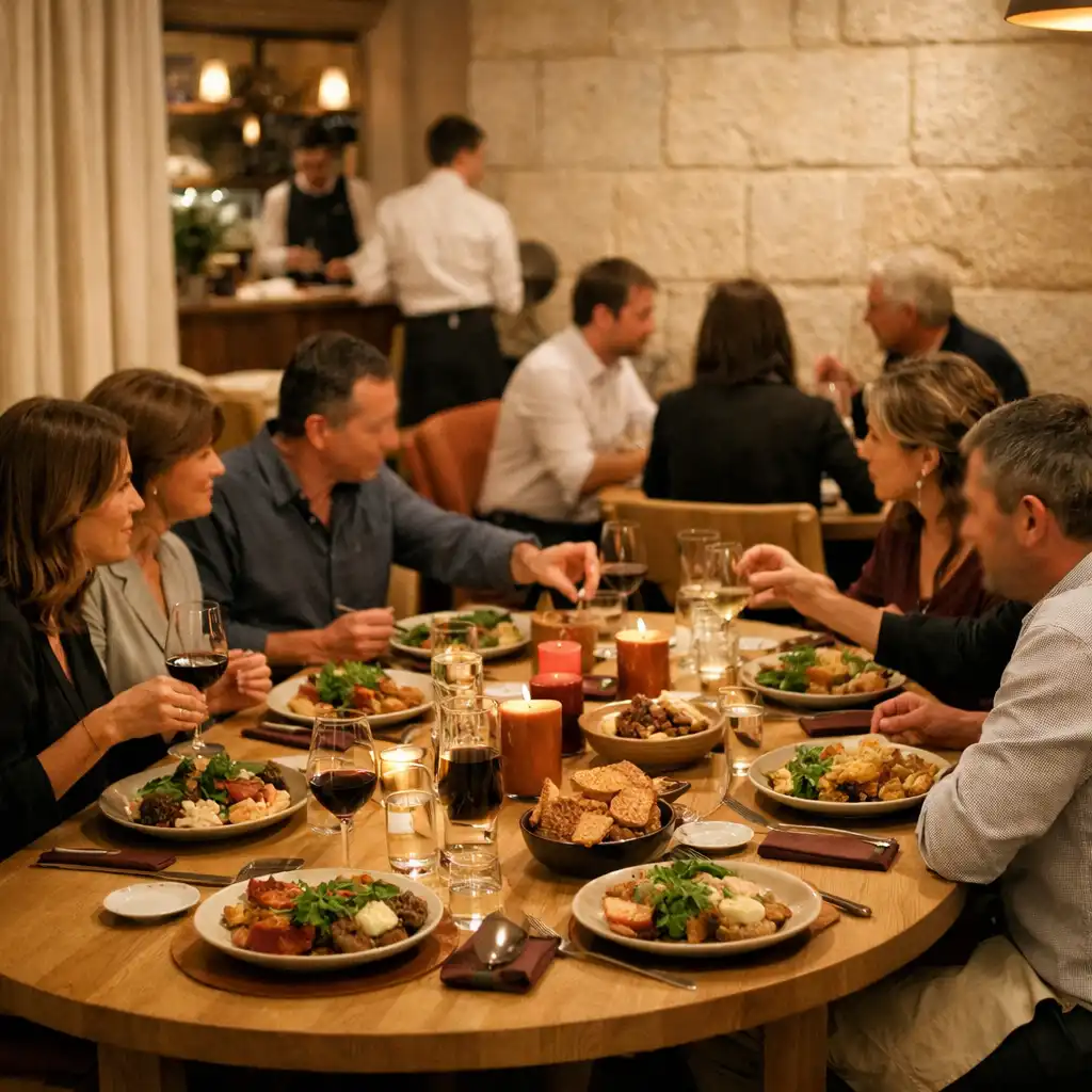 Grande table réunie pour un repas de groupe au Jardin Mistral