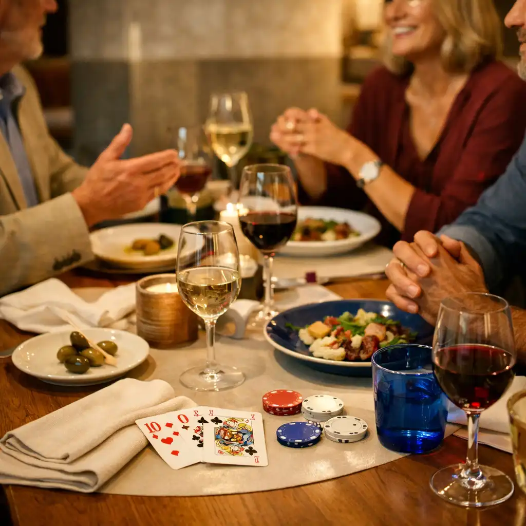 Cartes discrètes, assiettes et mains lors d’une soirée poker au restaurant