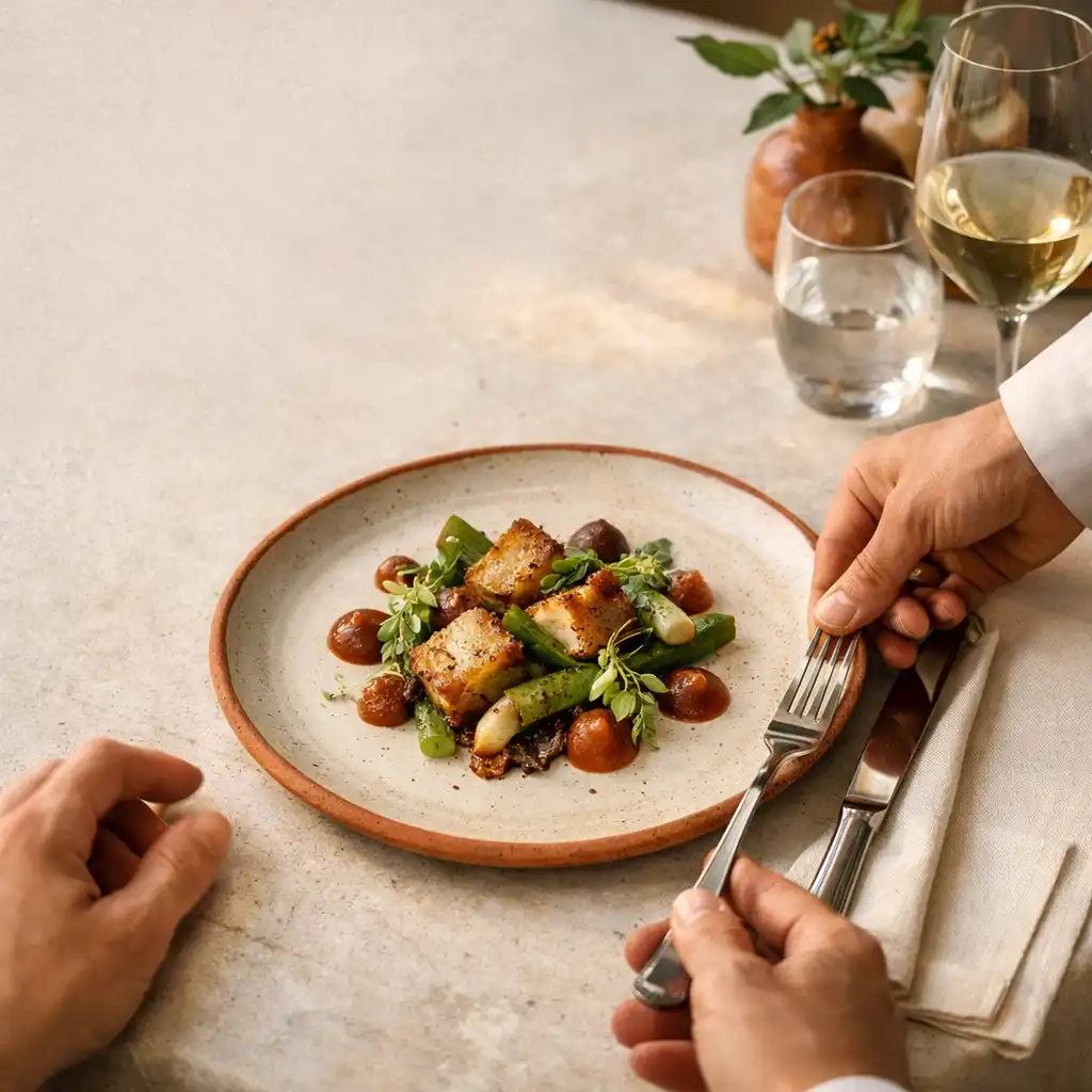 Assiette de saison et mains au service dans le restaurant Jardin Mistral
