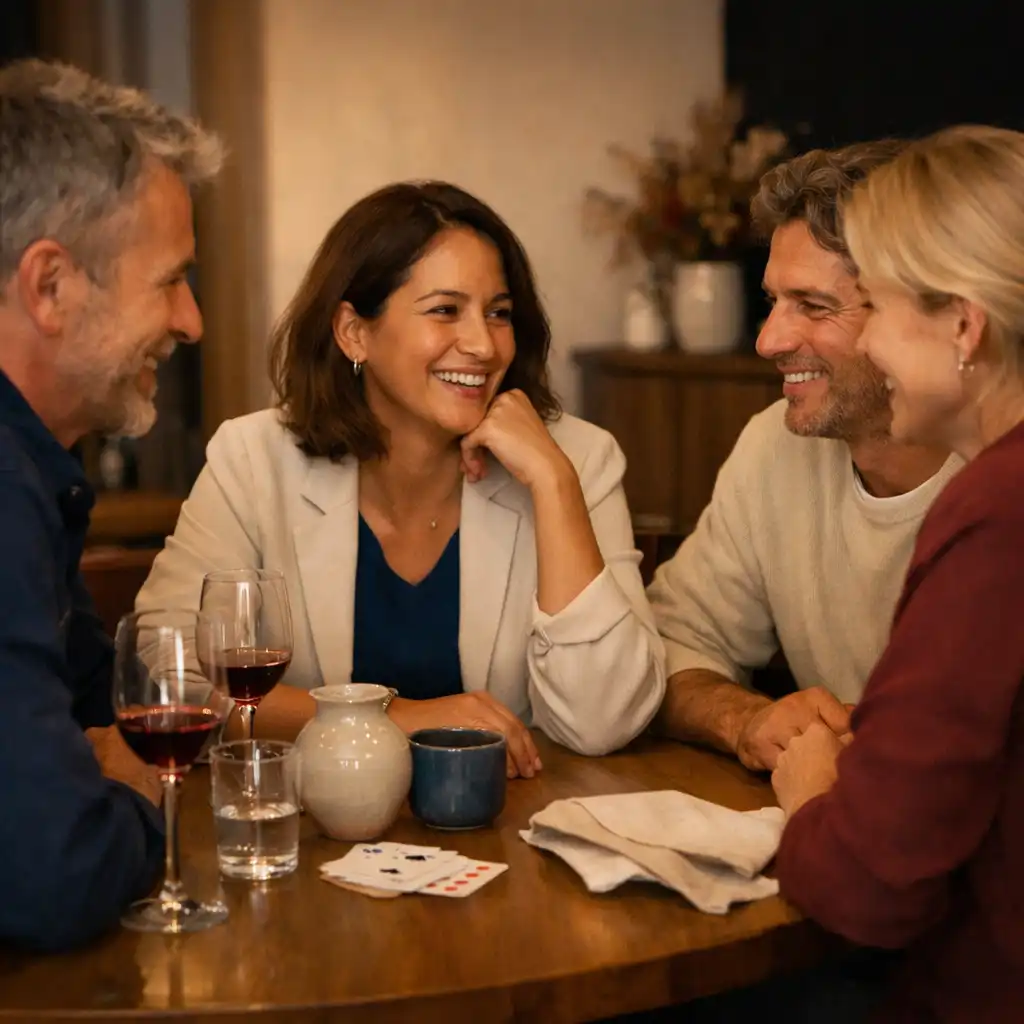 Groupe adulte en conversation autour d’une table avec cartes discrètes et assiettes visibles