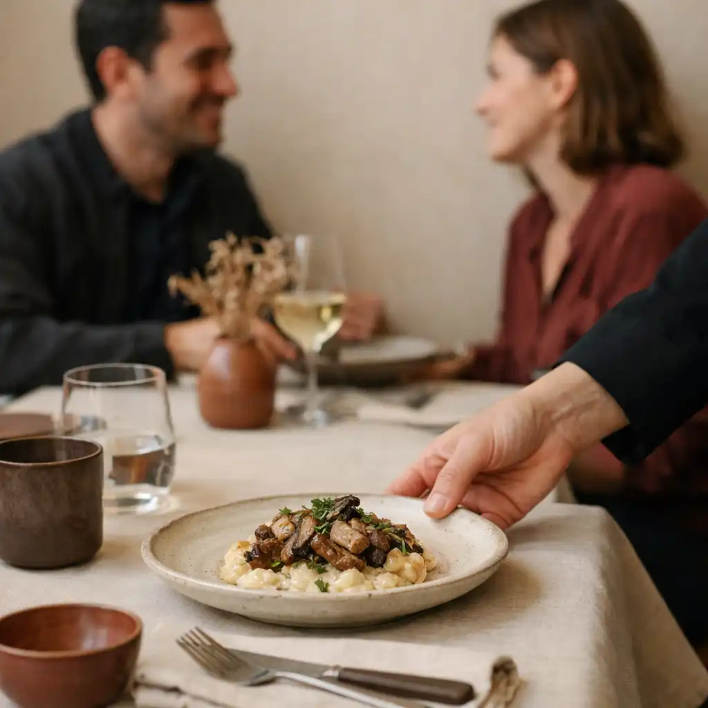 Service d'une assiette dans une salle de restaurant chaleureuse