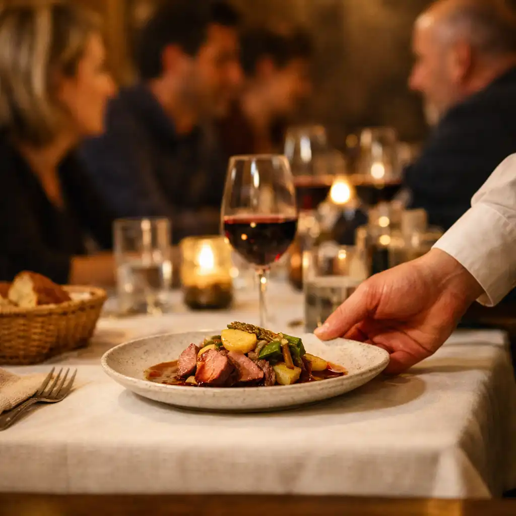 Service d’une assiette dressée dans une salle de restaurant