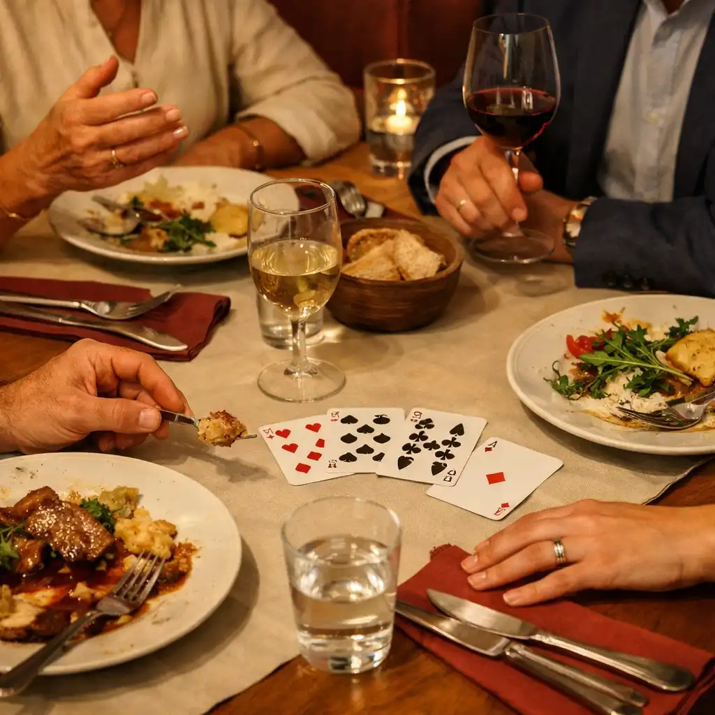 Mains de convives autour d'une table avec assiettes, verres et cartes discrètes