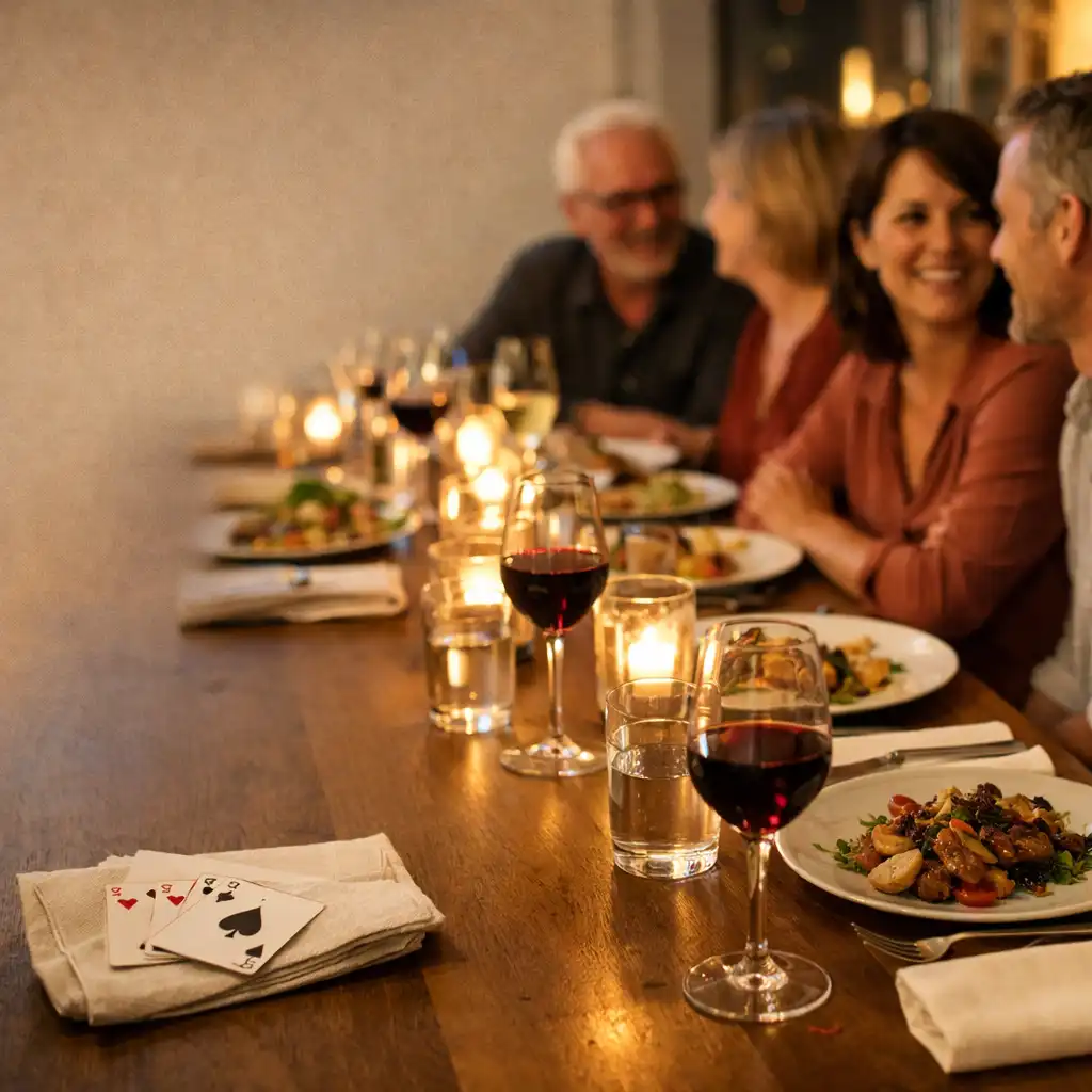 Convives autour d’une table avec assiettes et cartes à jouer