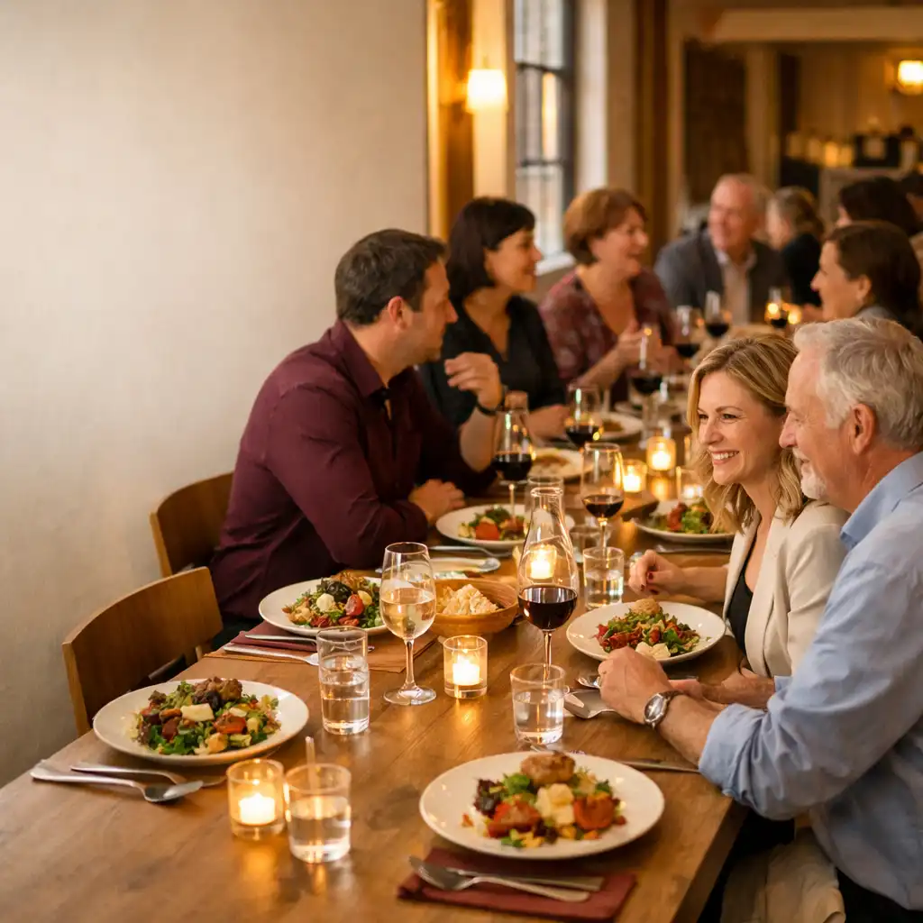 Convives autour d’une longue table éclairée pour une soirée au Jardin Mistral
