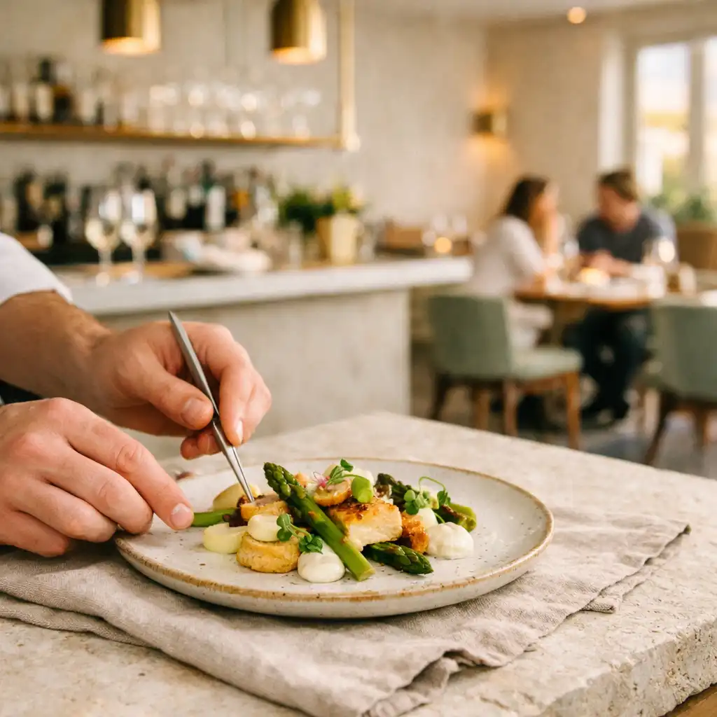 Mains dressant une assiette sur une table de cuisine au Jardin Mistral