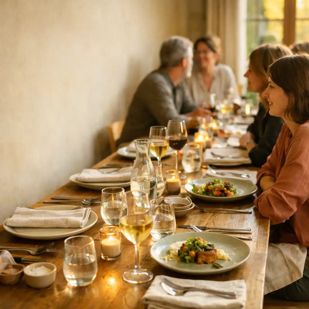 Convives réunis autour d'une table lumineuse de Jardin Mistral