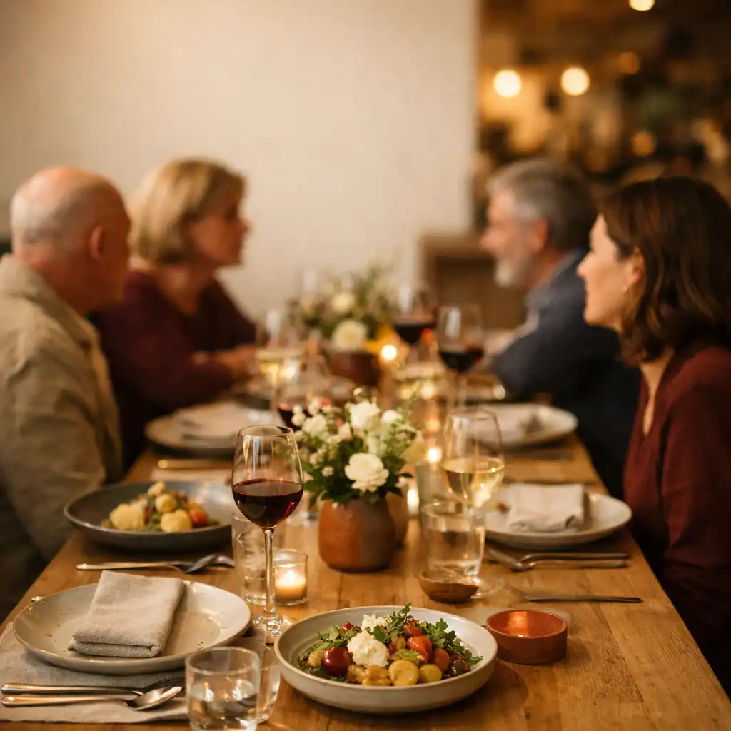 Grande table dressée pour un dîner privé, avec invités en conversation dans une lumière du soir chaleureuse.