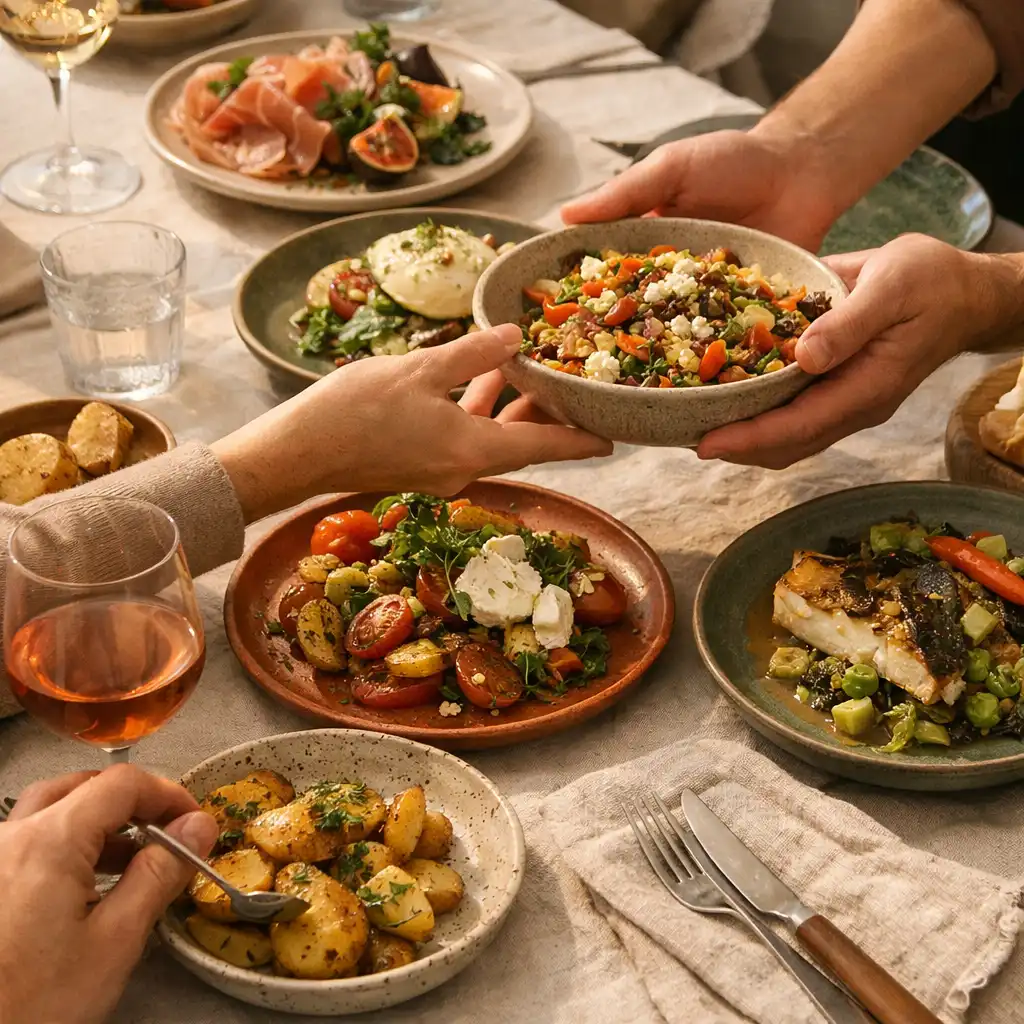 Assiettes de saison et mains de convives autour d’une table partagée